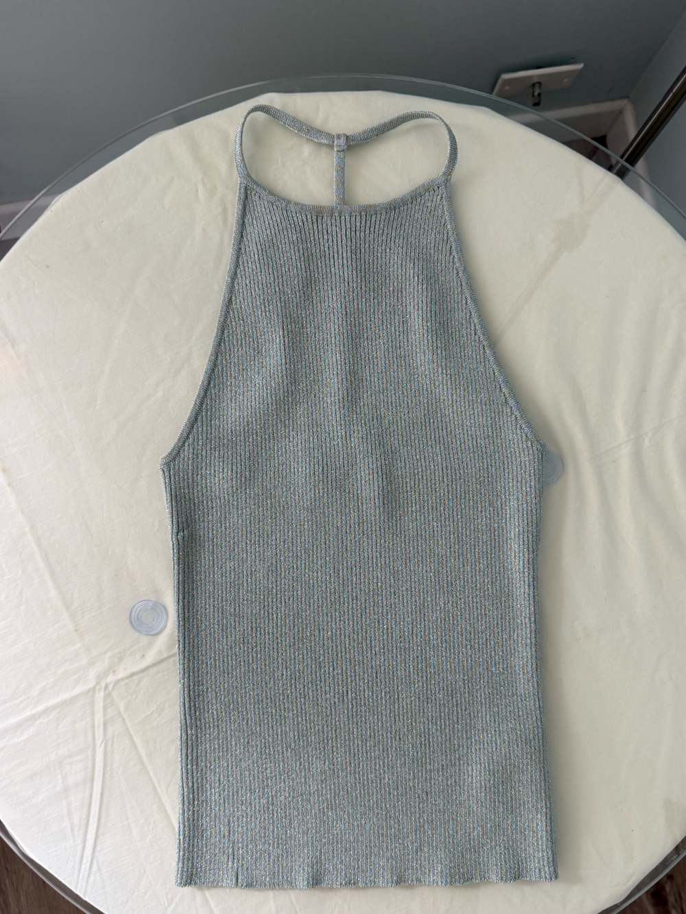 INTERMIX Halterneck T-back Open Back Ribbed Shimmer Tank in Silver